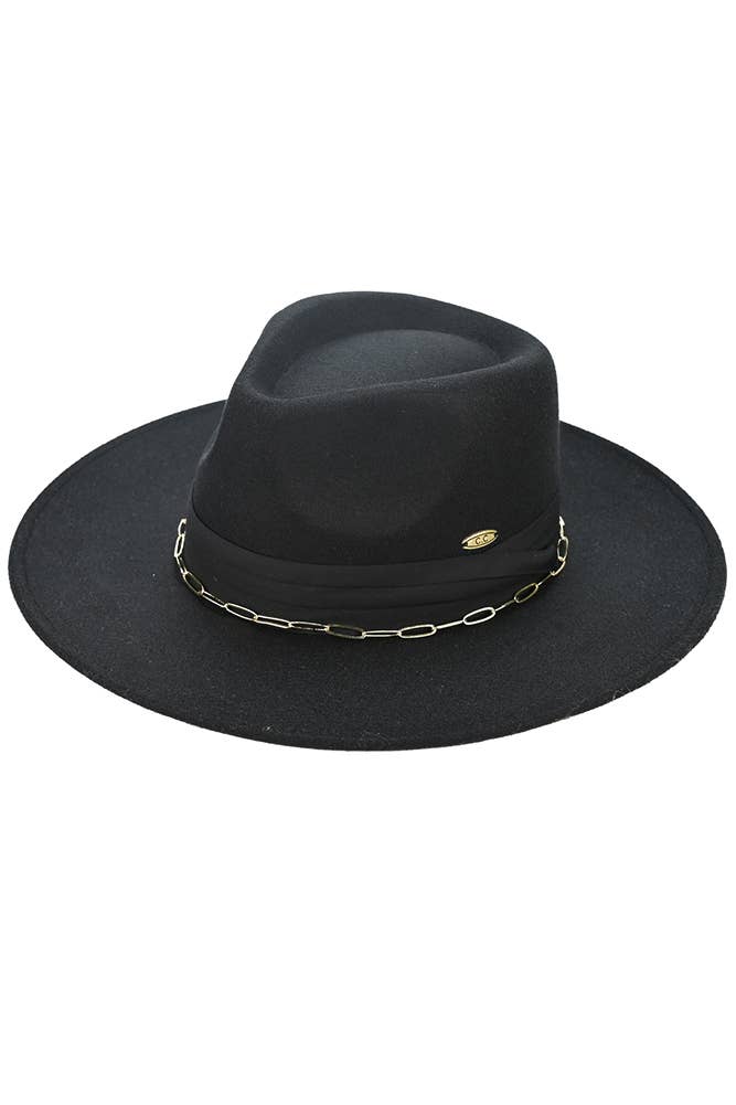 C.C Link Chain and Pleated Wide Band Felt Hat Panama Hat