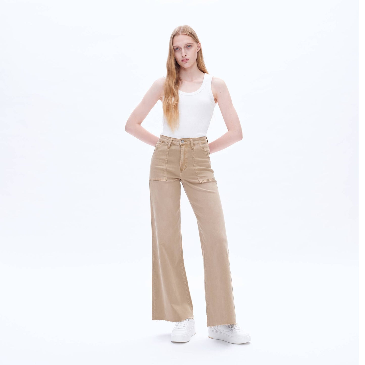 UTILITY HIGH RISE WIDE LEG TWILL PANTS WITH RAW HEM