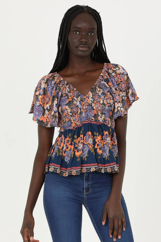 V NECK SMOCKED BUST BLOUSE