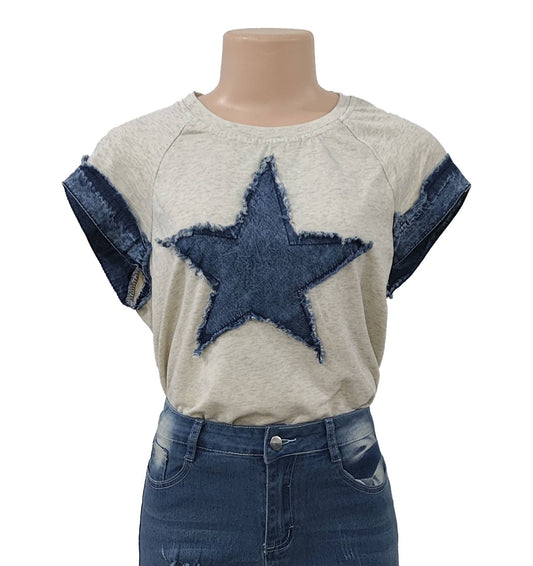 Edgy Denim Star Patch Trim Sleeve Short-Sleeve Top
