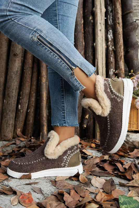 Suede Stitching Patchwork Plush Lined Anklet Boots-BEIGE