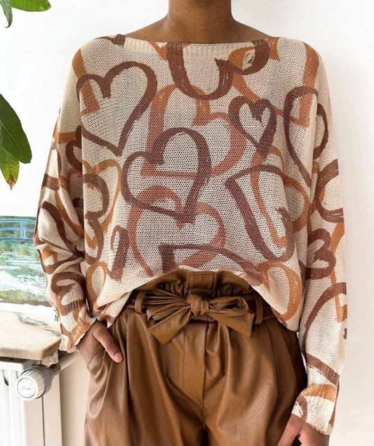 One Size Beige Heart Printed Knitted Sweater LOOWIE