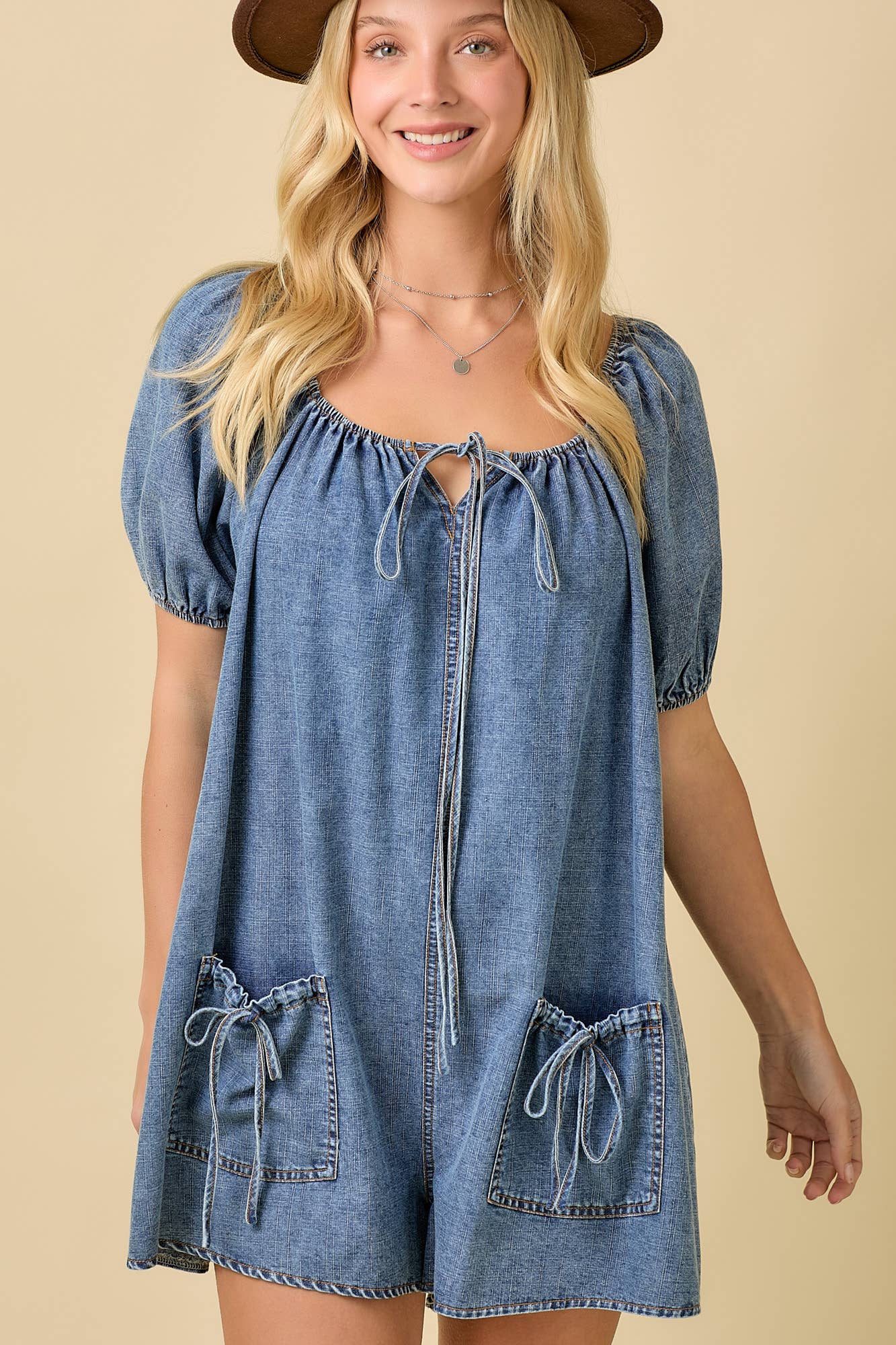 Square Neck Baby Doll Romper With Front Pocket
