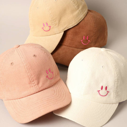 Cute Mini Happy Face Embroidered Baseball Cap-white