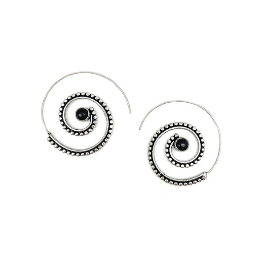 Tanvi Collection Earrings - Black Onyx Silver Dots Open Hoop
