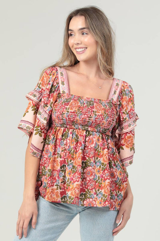 SQUARE NECK RUFFLE SLEEVE PRINTED BLOUSE