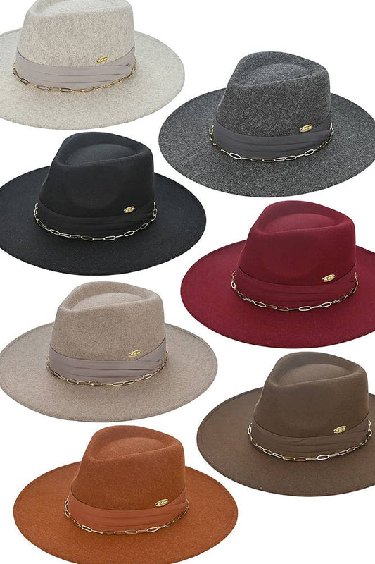 C.C Link Chain and Pleated Wide Band Felt Hat Panama Hat