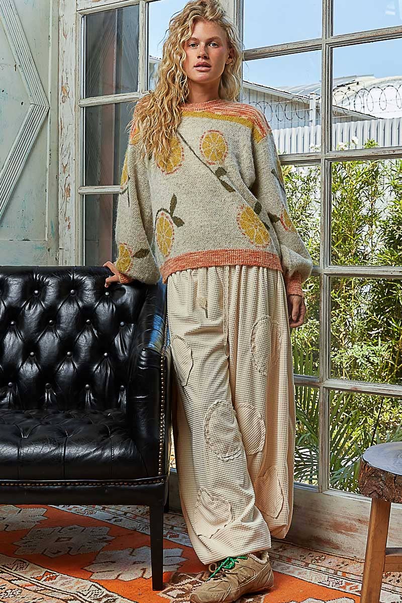 Long sleeve fruit motif pattern multi-colored sweater top