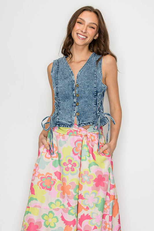 BOHO DENIM VEST TOP WITH LACE UP SIDES