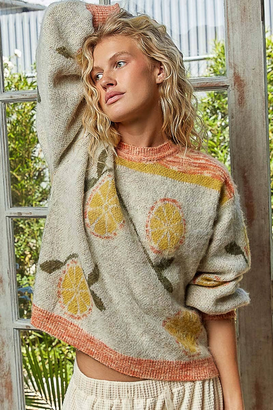 Long sleeve fruit motif pattern multi-colored sweater top