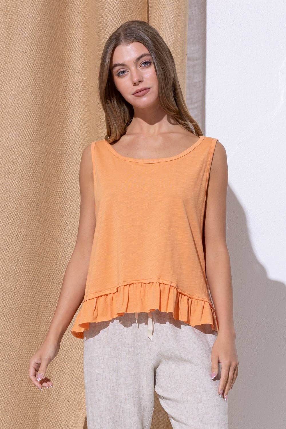 CASUAL SLUBBY RUFFLE HEM TOP