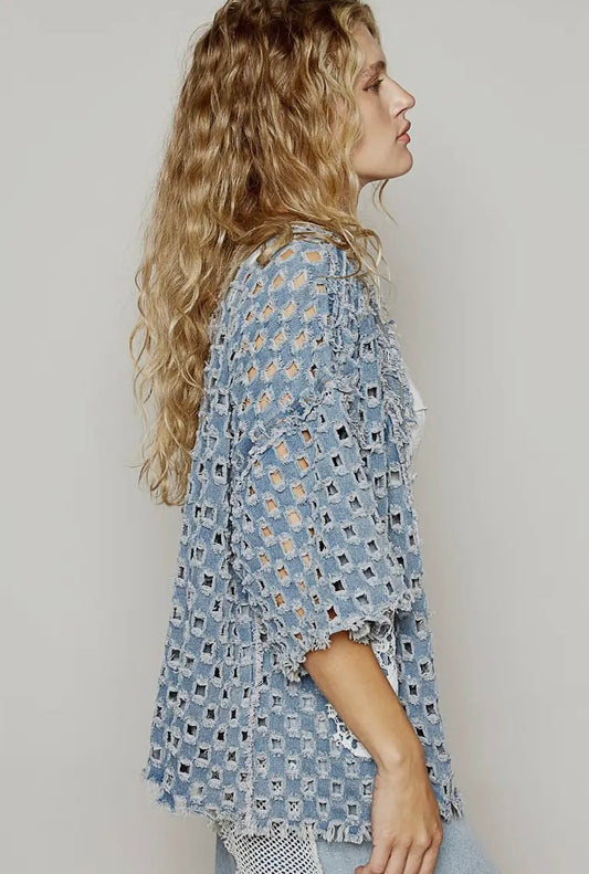 SHORT SLEEVE OPEN WOVEN CARDIGAN