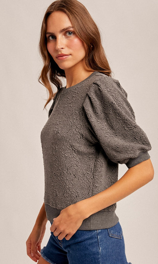 PLEATED SLEEVE FLORAL KNIT JACQUARD SWEATSHIRT