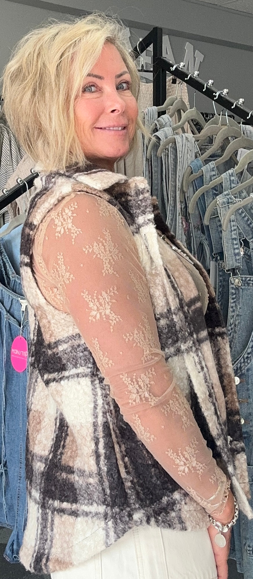 PLAID BOUCLE BUTTON DOWN VEST