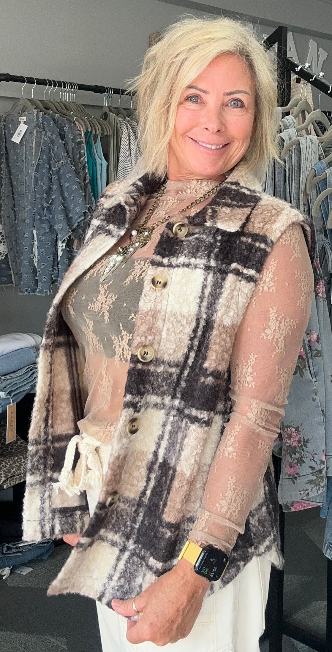 PLAID BOUCLE BUTTON DOWN VEST
