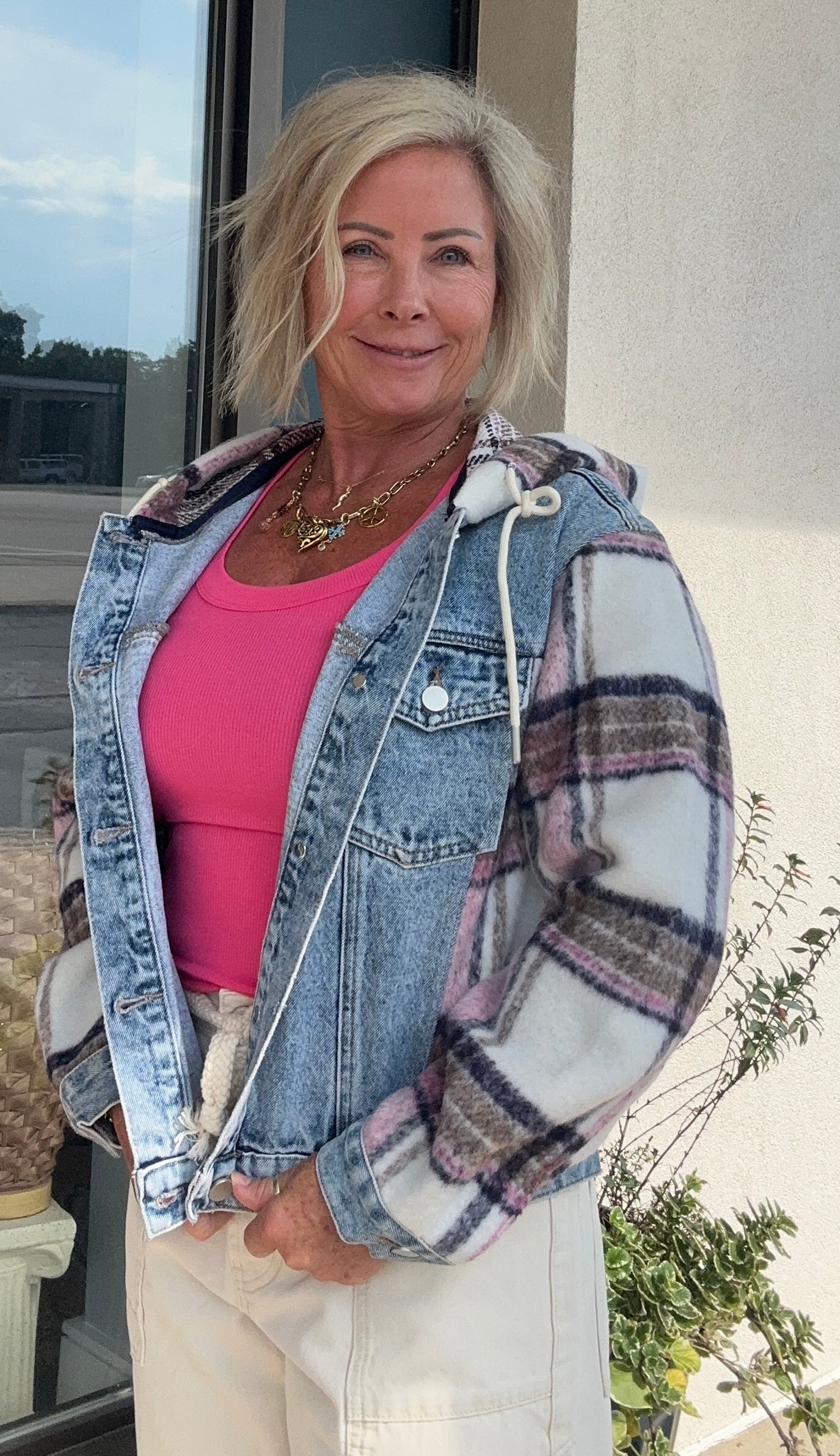 BRUSHED PLAID CONTRAST HOODED DENIM JACKET