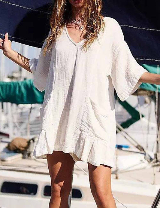 Flouncy Shapeless V-Neck Draped Sleeves Romper-size down 2 sizes