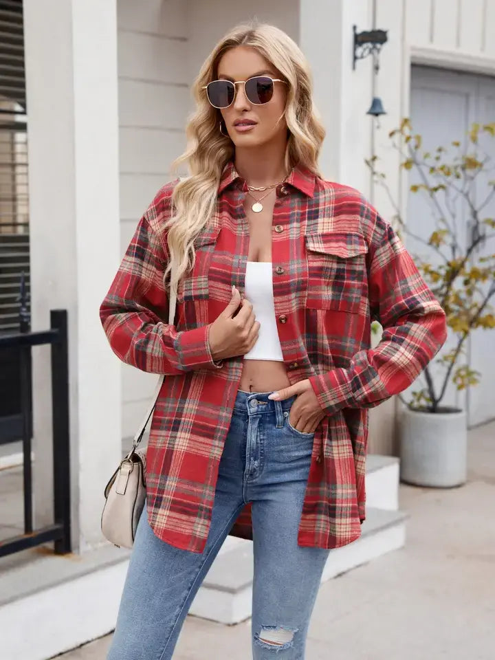 Fall 2025 Women’s Casual Loose Fit Plaid Button Shirt