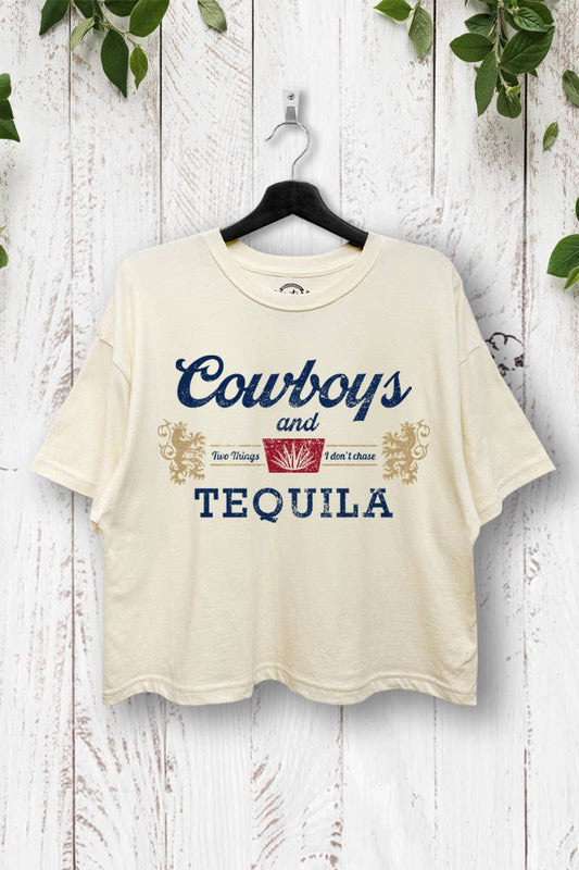 COWBOYS AND TEQUILA GRAPHIC BOXY CROP T-SHIRT