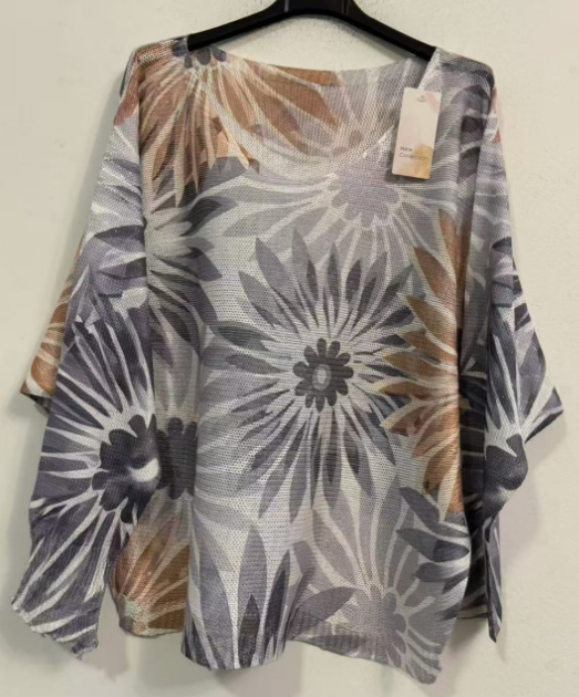 Gray Floral  V-Neck Knit Printed Sweater LOOWIE