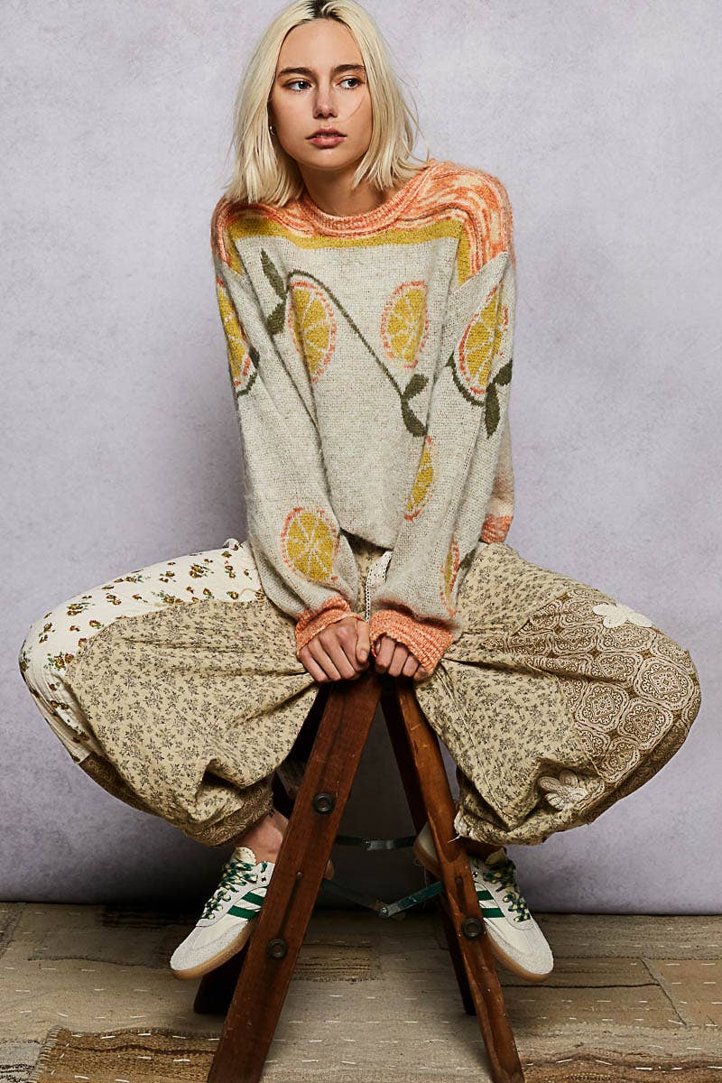 Long sleeve fruit motif pattern multi-colored sweater top