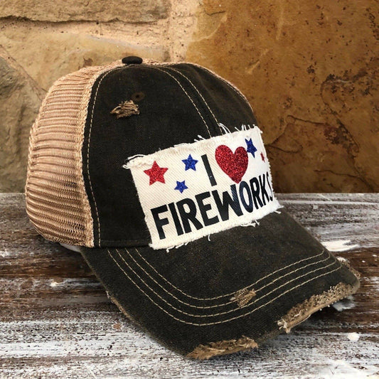 I love Fireworks Hat, 4th of July Ball Cap, Independence Day