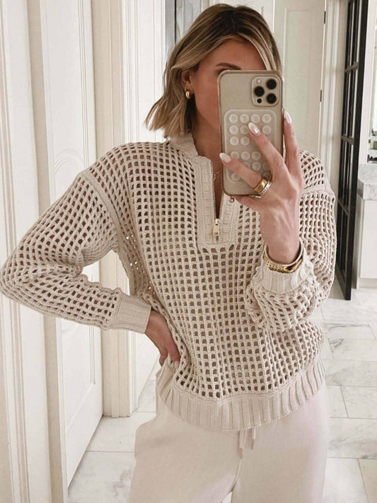 Zip Neck Hollow Out Knit Pullover Sweater