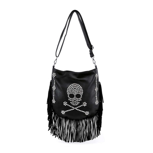 Skull Design Fringed Rhinestone Shoulder Bag