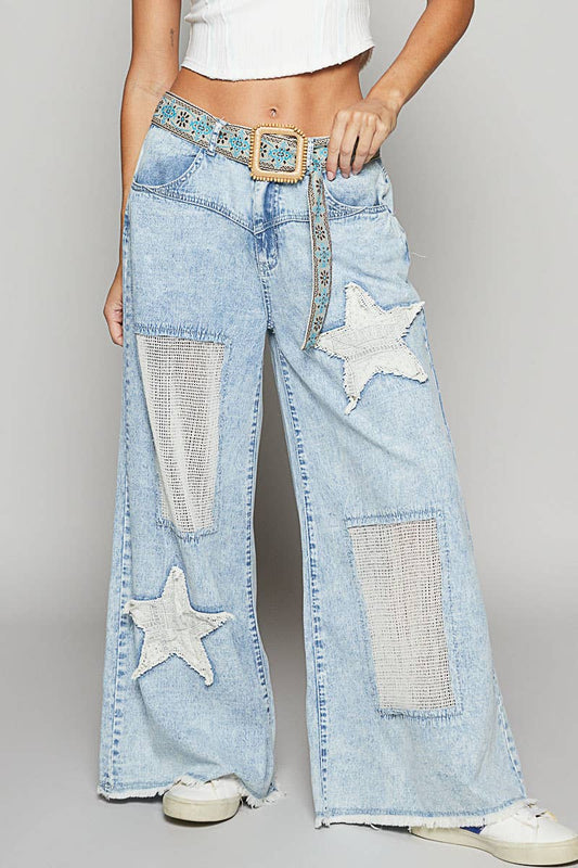 Vintage washed crochet star patch solid pants