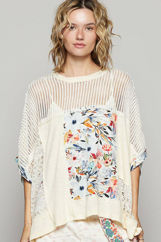 Round neck sleeveless floral pattern rib knit top