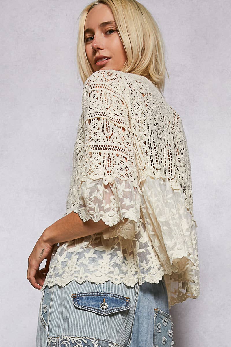 V-neck short sleeve crochet floral lace cardigan