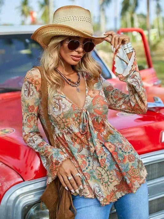 Western Printed Bell Sleeve Blouse