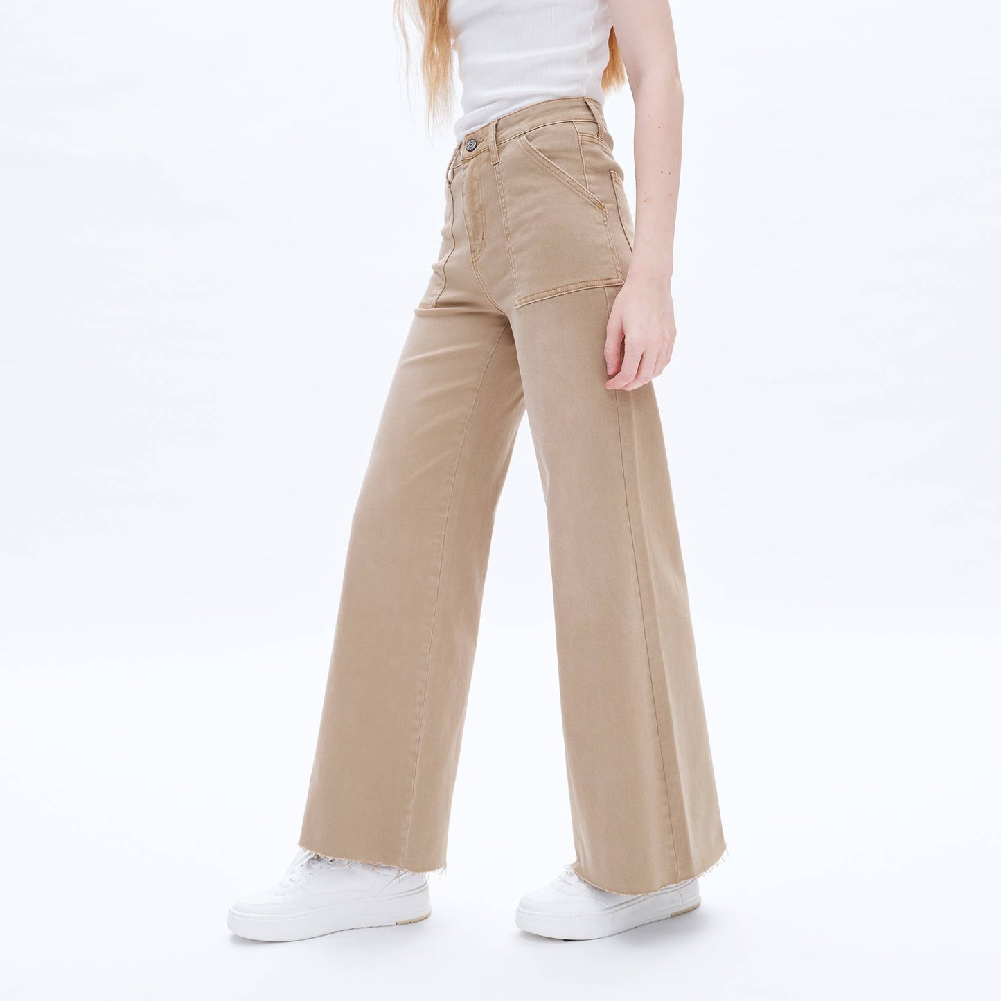 UTILITY HIGH RISE WIDE LEG TWILL PANTS WITH RAW HEM