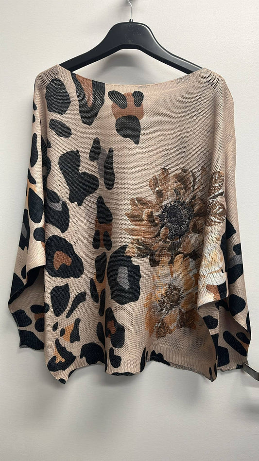 VILEO Beige Leopard Round Neck Knit Printed Sweater