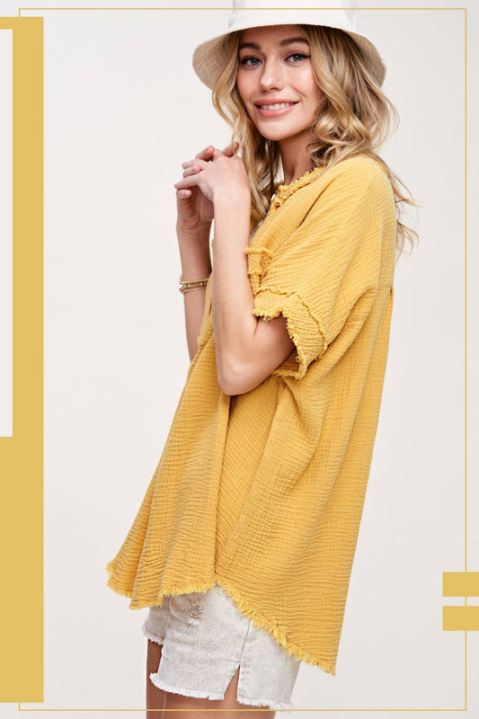 Loose Fit Gauze Button Front Short Sleeve Top