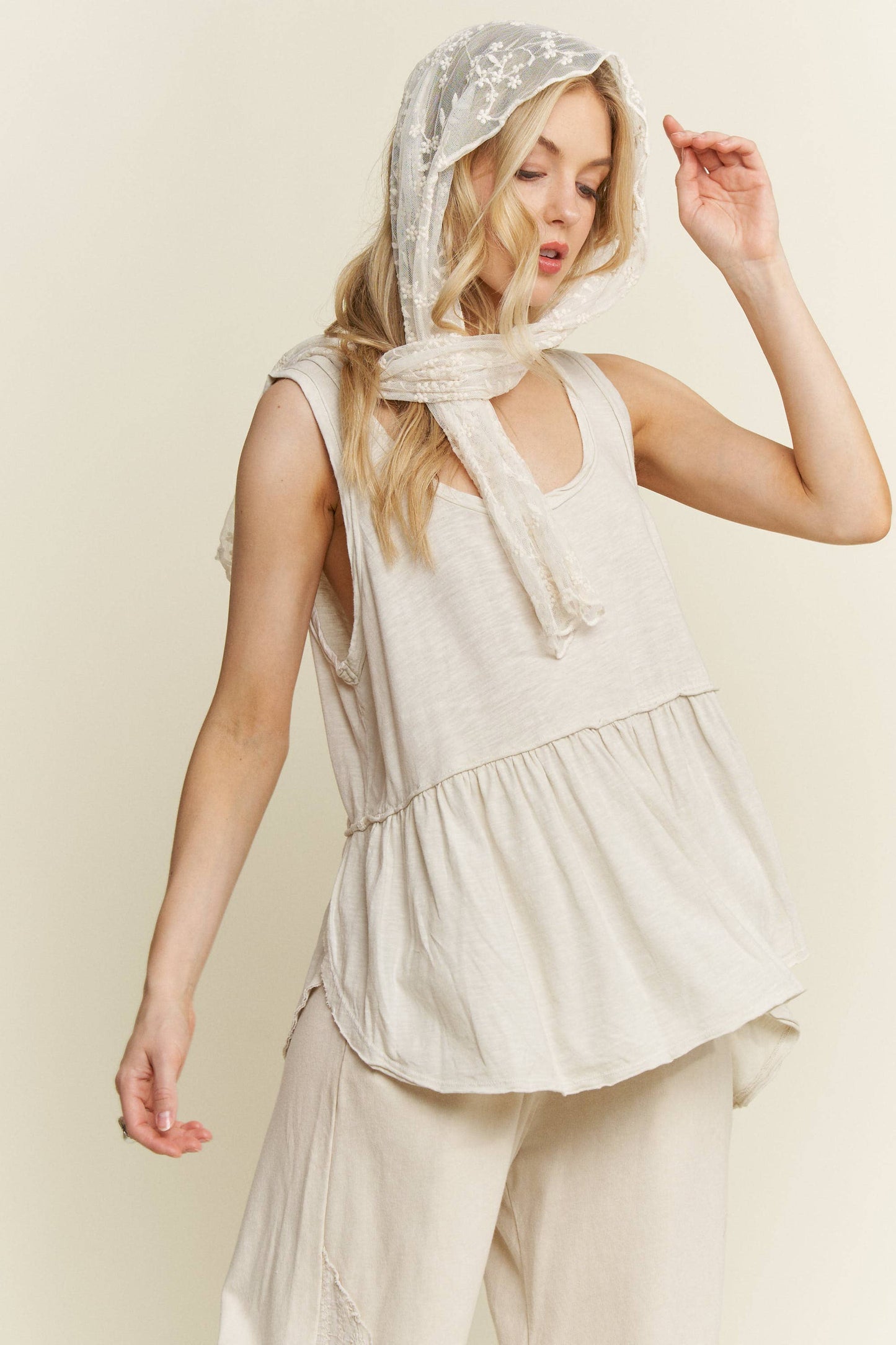 Mineral Washed Cotton Slub Babydoll Cool Tank top