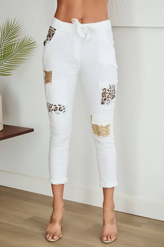 JOGGERS WITH LEOPARD/ SEQUIN PATCHES