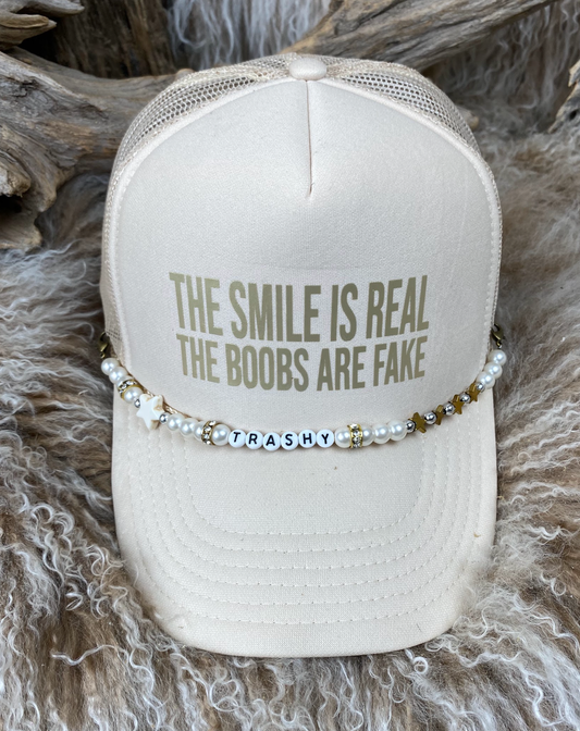 Trucker Ballcap with Beads -Tan The Smile is Real the Boobs are Fake
