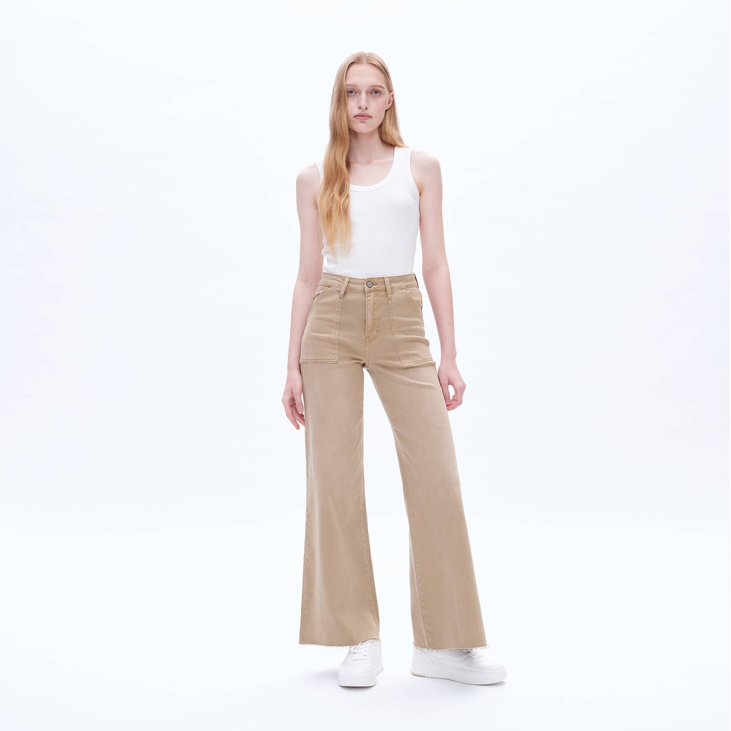 UTILITY HIGH RISE WIDE LEG TWILL PANTS WITH RAW HEM